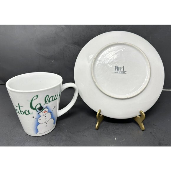 PIER 1 COOKIES COCOA FOR SANTA CLAUS Mug & Plate Set Smiling Snowman Christmas - Picture 3 of 15